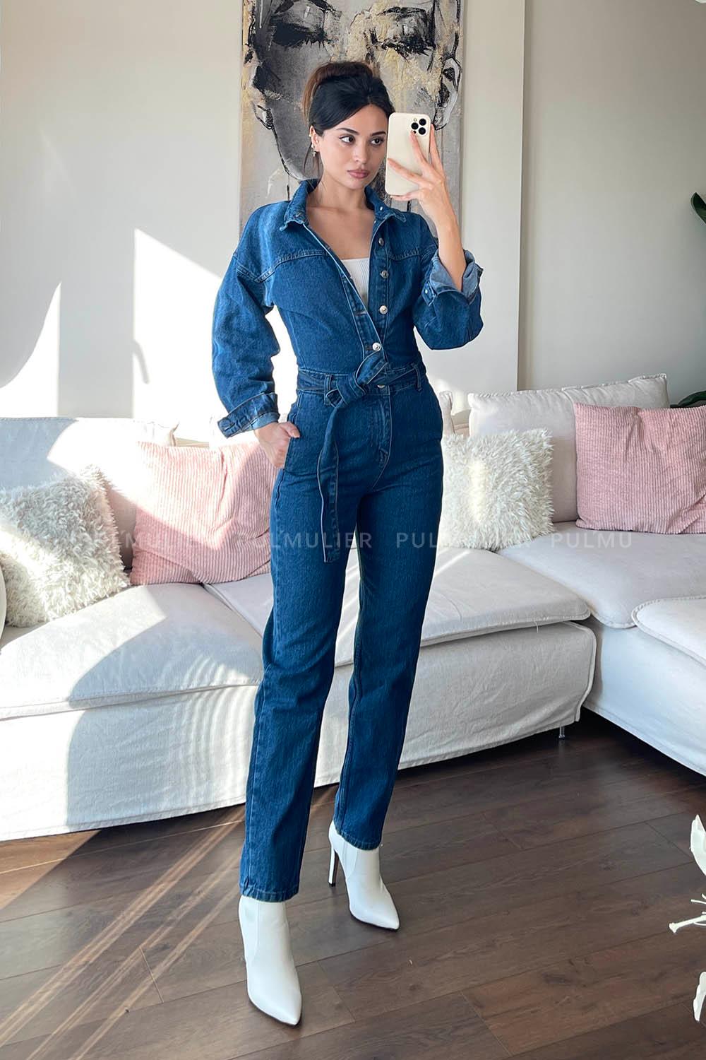 Denim Blue Shirt Collar Denim Unprinted Overalls