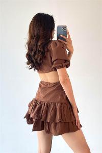 Brown Pool Neck Combed Fabric Unprinted Dresess