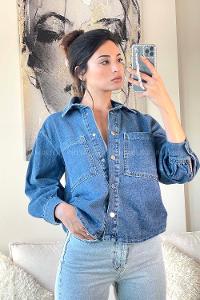 Dark Blue Shirt Collar Long Arm Denim Denim Jacket