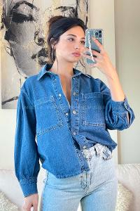 Dark Blue Shirt Collar Long Arm Denim Denim Jacket