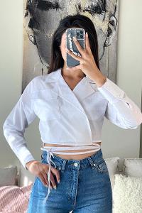 White Lower V Neck Long Arm Poplin Fabric Unprinted Shirt