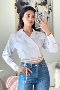 White Lower V Neck Long Arm Poplin Fabric Unprinted Shirt