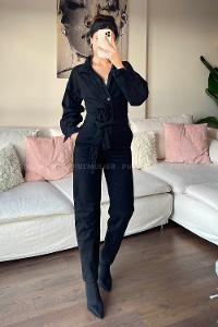 Black Shirt Collar Denim Unprinted Overalls