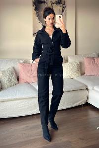 Black Shirt Collar Denim Unprinted Overalls