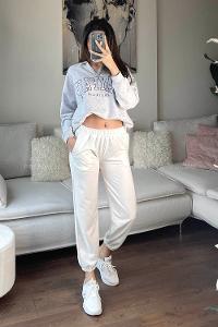 White Elastic Trousers Elastic Waist Regular Cut Bottom Tracksuit