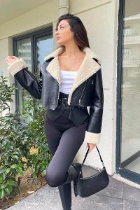 Black Shirt Collar Long Arm Skin Jacket