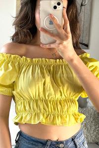 Yellow Scoop Neck Short Arm Without Accessories Cotton Fabric Unprinted Blouse