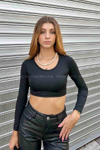 Black Normal Neck Short Arm Cotton Fabric Crop