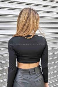 Black Normal Neck Short Arm Cotton Fabric Crop