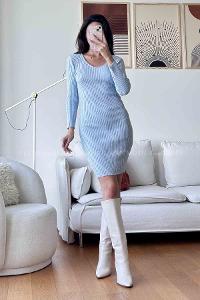 Baby Blue Scope Neck Knitwear Unprinted Dresess