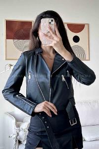 Black Shirt Collar Long Arm Faux Leather Jacket