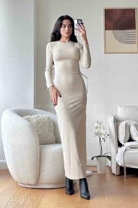 Beige Scope Neck Knitwear Unprinted Dresess