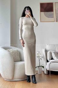 Beige Scope Neck Knitwear Unprinted Dresess