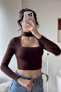 Bitter Brown Normal Neck Short Arm Cotton Fabric Crop