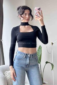 Black Normal Neck Short Arm Cotton Fabric Crop