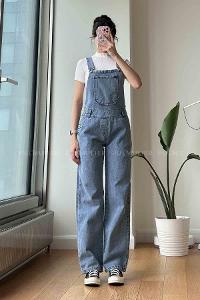 Light Blue Scoop Neck Cotton Fabric Overalls