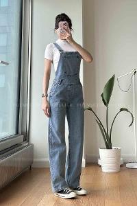 Light Blue Scoop Neck Cotton Fabric Overalls