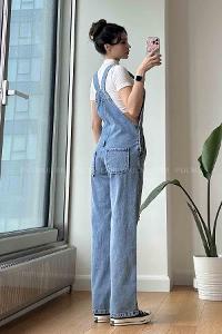 Light Blue Scoop Neck Cotton Fabric Overalls